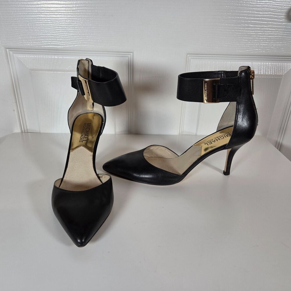 Michael Kors Black Leather Ankle Strap Stiletto Heels Gold Zip Size 6.5